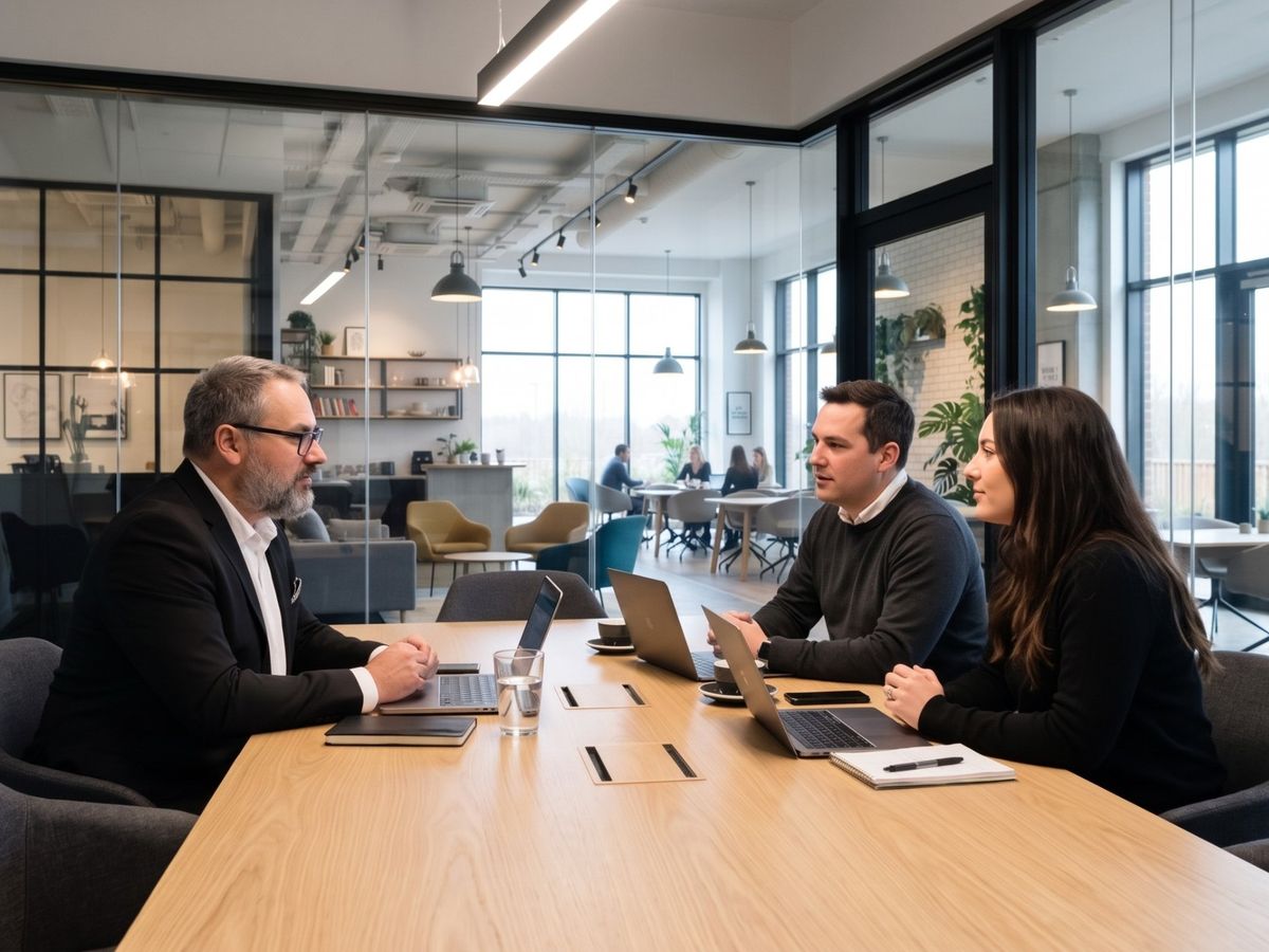 Rencontre de travail autour d’une table, dans une salle de réunion vitrée